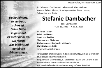 Traueranzeige von Stefanie Dambacher von Schwäbische Post