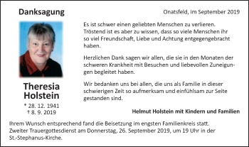 Traueranzeige von Theresia Holstein von Schwäbische Post