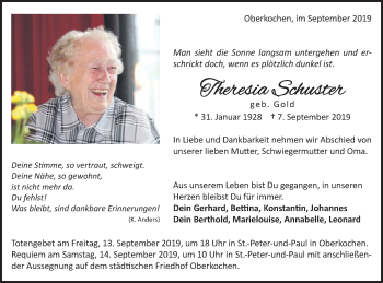 Traueranzeige von Theresia Schuster von Schwäbische Post