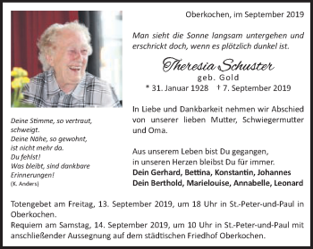 Traueranzeige von Theresia Schuster von Amtsblatt_Oko