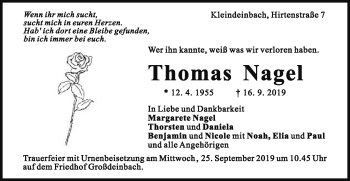 Traueranzeige von Thomas Nagel von Gmünder Tagespost