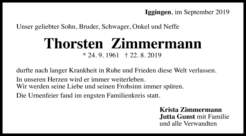  Traueranzeige für Thorsten Zimmermann vom 10.09.2019 aus Gmünder Tagespost