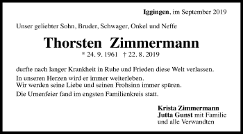 Traueranzeige von Thorsten Zimmermann von Gmünder Tagespost