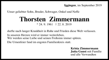 Traueranzeige von Thorsten Zimmermann