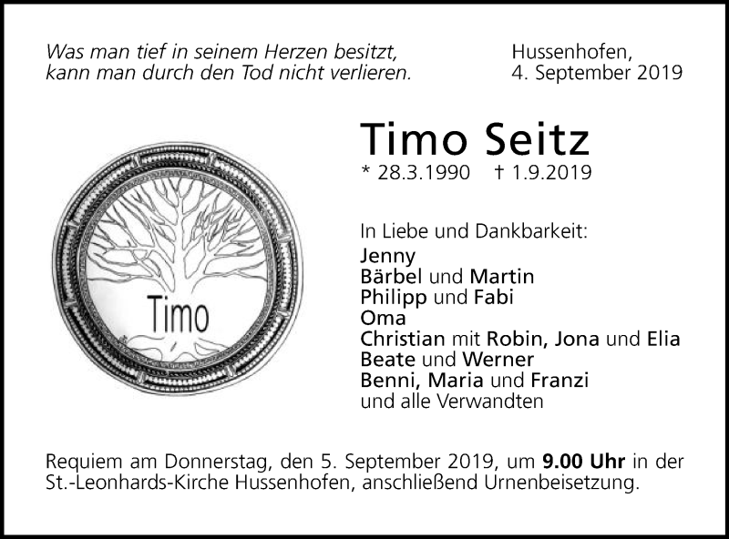  Traueranzeige für Timo Seitz vom 04.09.2019 aus Gmünder Tagespost