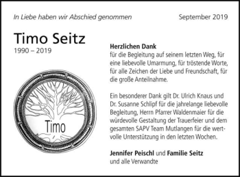 Traueranzeige von Timo Seitz von Gmünder Tagespost