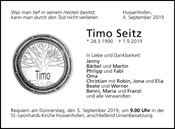 Traueranzeige von Timo Seitz von Gmünder Tagespost