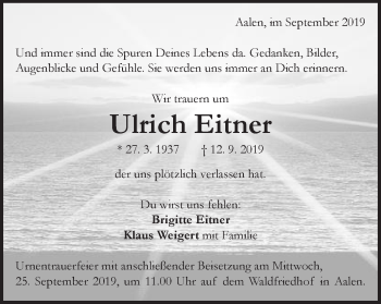 Traueranzeige von Ulrich Eitner von Schwäbische Post