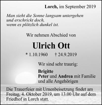 Traueranzeige von Ulrich Ott von Gmünder Tagespost