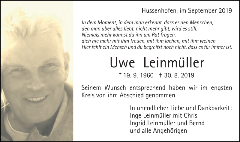  Traueranzeige für Uwe Leinmüller vom 09.09.2019 aus Gmünder Tagespost