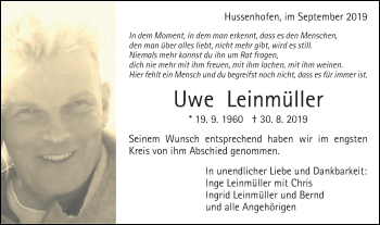 Traueranzeige von Uwe Leinmüller von Gmünder Tagespost