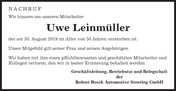 Traueranzeige von Uwe Leinmüller von Gmünder Tagespost