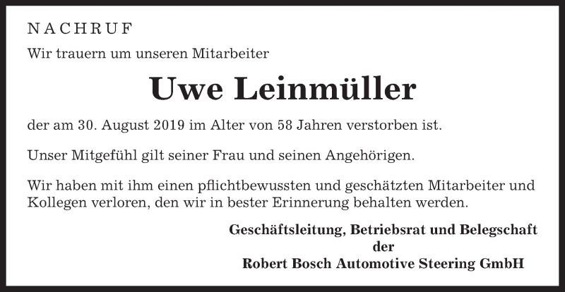  Traueranzeige für Uwe Leinmüller vom 09.09.2019 aus Gmünder Tagespost