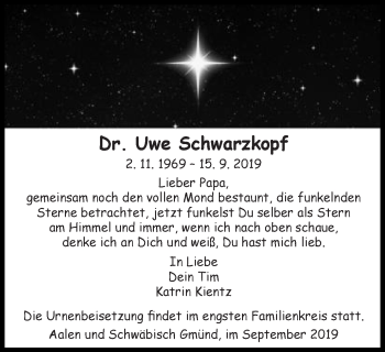 Traueranzeige von Uwe Schwarzkopf von Gmünder Tagespost