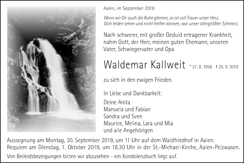  Traueranzeige für Waldemar Kallweit vom 27.09.2019 aus Schwäbische Post