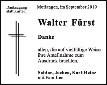 Traueranzeige von Walter Fürst von Gmünder Tagespost