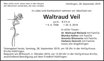 Traueranzeige von Waltraud Veil von Schwäbische Post