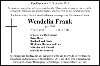 Traueranzeige von Wendelin Frank von Schwäbische Post