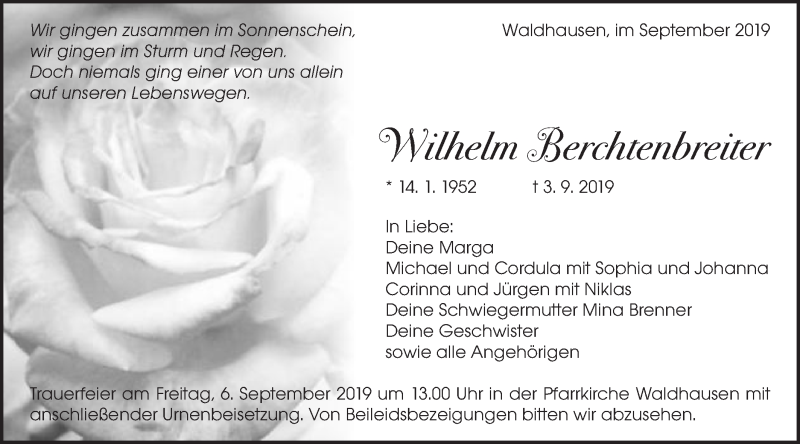  Traueranzeige für Wilhelm Berchtenbreiter vom 05.09.2019 aus Schwäbische Post