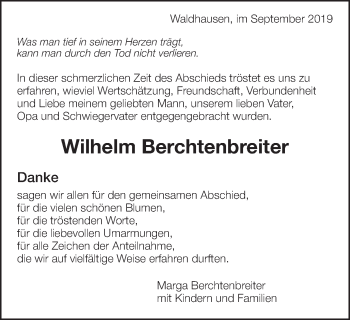Traueranzeige von Wilhelm Berchtenbreiter von Schwäbische Post