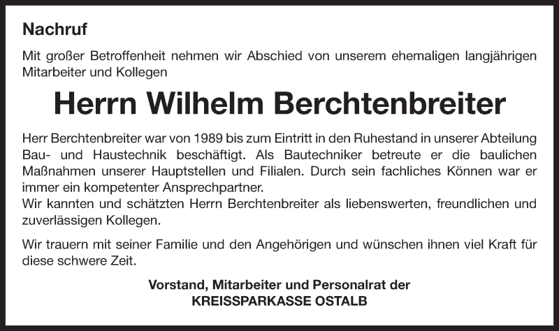  Traueranzeige für Wilhelm Berchtenbreiter vom 07.09.2019 aus Schwäbische Post