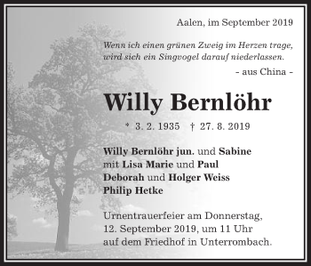 Traueranzeige von Willy Bernlöhr von Schwäbische Post