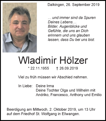 Traueranzeige von Wladimir Hölzer