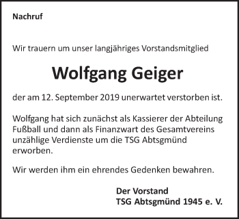 Traueranzeige von Wolfgang Geiger von Kocher-Lein-Bote