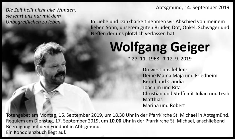  Traueranzeige für Wolfgang Geiger vom 14.09.2019 aus Schwäbische Post