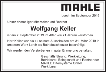 Traueranzeige von Wolfgang Keller von Gmünder Tagespost