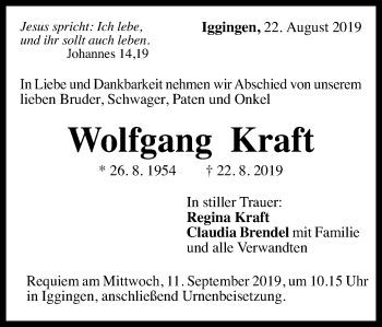 Traueranzeige von Wolfgang Kraft