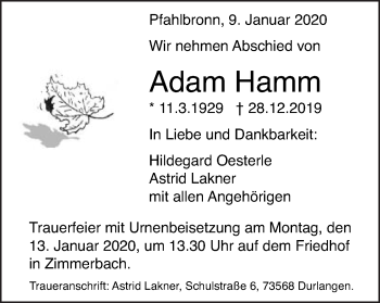 Traueranzeige von Adam Hamm von Gmünder Tagespost