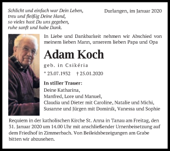 Traueranzeige von Adam Koch  von Gmünder Tagespost