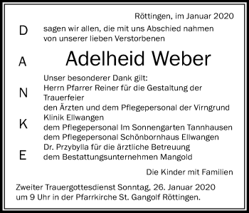 Traueranzeige von Adelheid Weber von Schwäbische Post