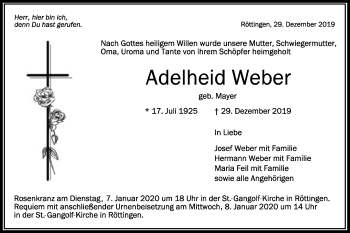 Traueranzeige von Adelheid Weber von Schwäbische Post