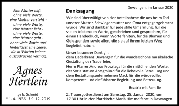 Traueranzeige von Agnes Hertlein von Schwäbische Post