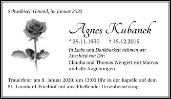 Traueranzeige von Agnes Kubanek von Gmünder Tagespost