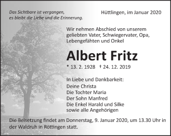 Traueranzeige von Albert Fritz von Schwäbische Post