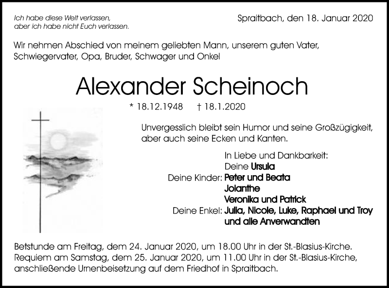  Traueranzeige für Alexander Scheinoch vom 22.01.2020 aus Gmünder Tagespost