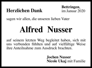 Traueranzeige von Alfred Nusser von Gmünder Tagespost
