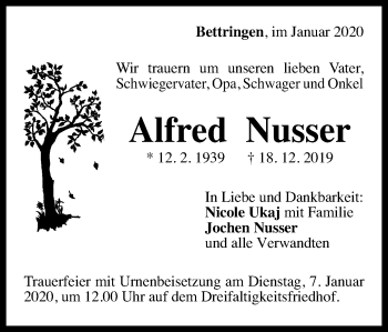 Traueranzeige von Alfred Nusser von Gmünder Tagespost
