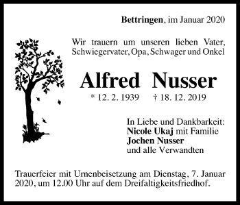 Traueranzeige von Alfred Nusser