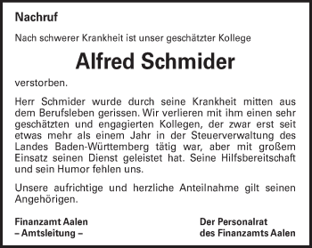 Traueranzeige von Alfred Schmider von Schwäbische Post