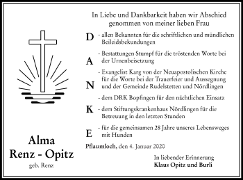 Traueranzeige von Alma Renz-Opitz von Schwäbische Post