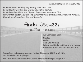 Traueranzeige von Andy Jacuzzi von Schwäbische Post
