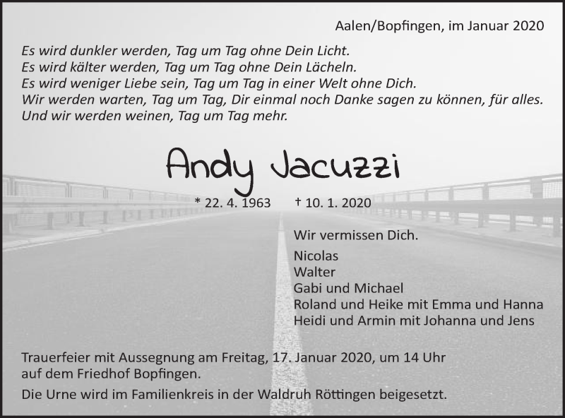  Traueranzeige für Andy Jacuzzi vom 15.01.2020 aus Schwäbische Post