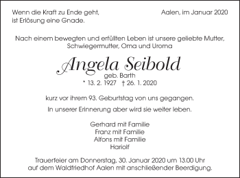 Traueranzeige von Angela Seibold von Schwäbische Post