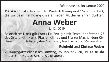 Traueranzeige von Anna Weber von Schwäbische Post