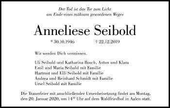 Traueranzeige von Anneliese Seibold von Schwäbische Post