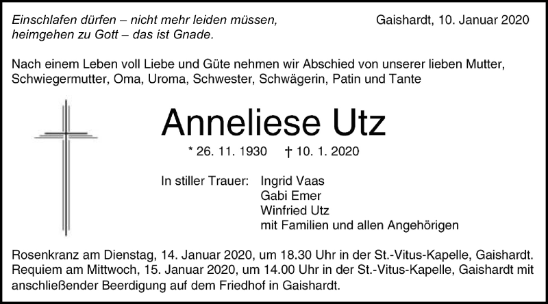  Traueranzeige für Anneliese Utz vom 13.01.2020 aus Schwäbische Post